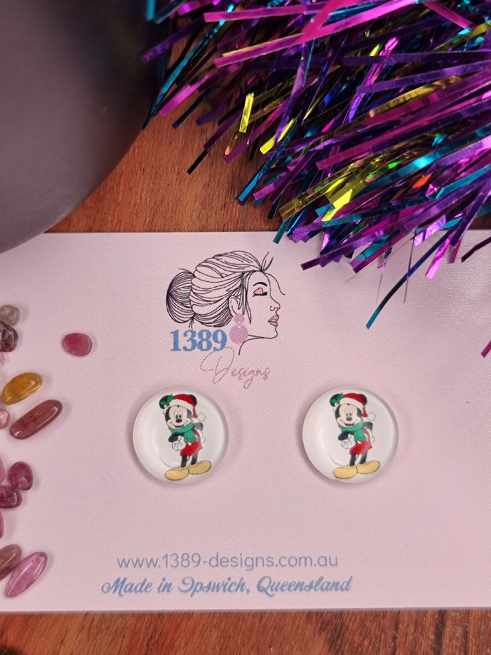 Regular CHRISTMAS MICKEY Glass Dome Stud Earrings