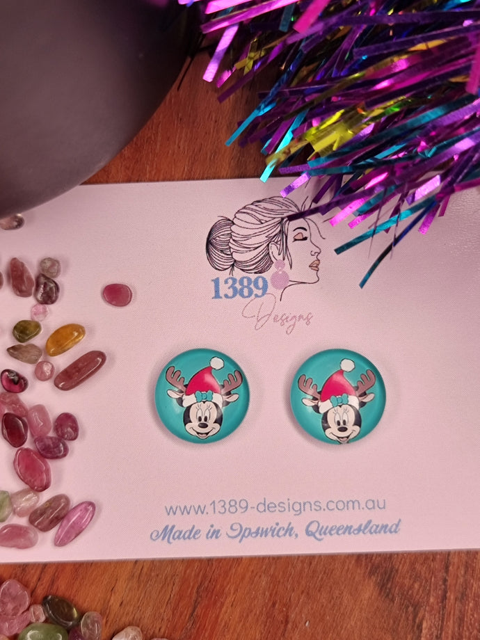 Regular MINNIE with SANTA HAT & ANTLERS Glass Dome Stud Earrings