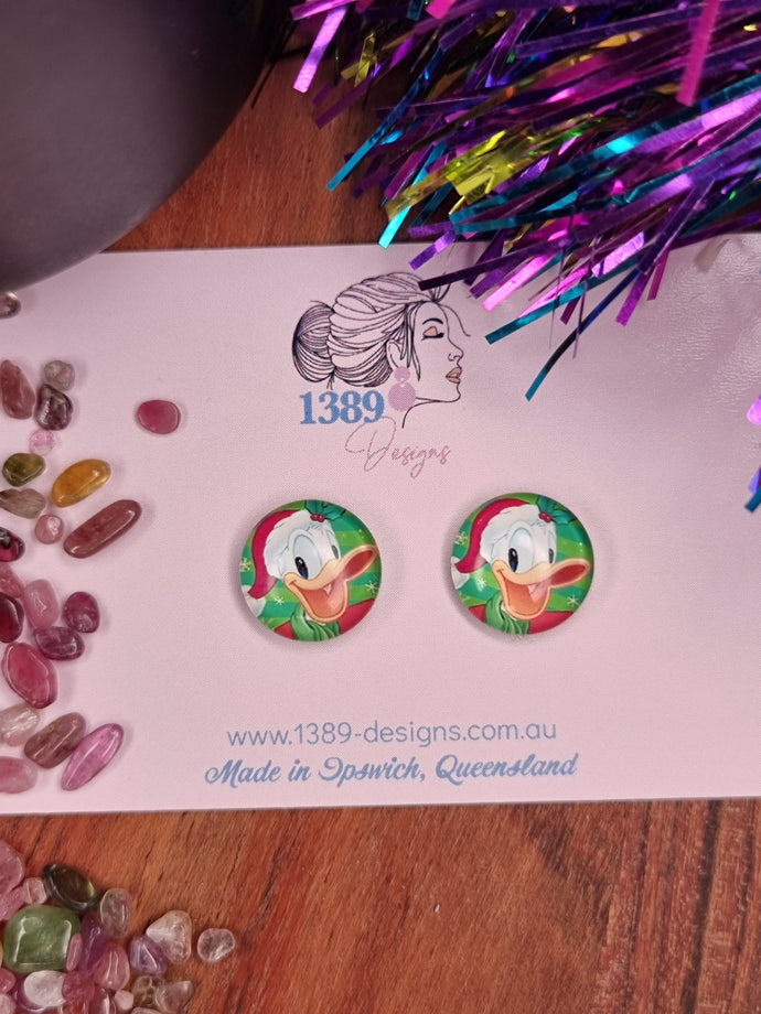 Regular DONALD with SANTA HAT Glass Dome Stud Earrings