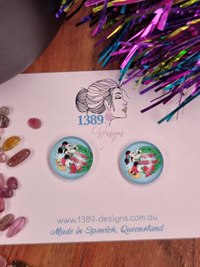 Regular MICKEY with MERRY CHRISTMAS WREATH Glass Dome Stud Earrings