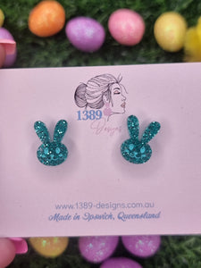 Regular GREEN GLITTER BUNNY FACE (hand-painted) Stud Earrings