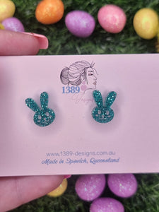 Regular GREEN GLITTER BUNNY FACE (hand-painted) Stud Earrings