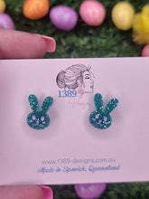 Load image into Gallery viewer, Regular GREEN GLITTER BUNNY FACE (hand-painted) Stud Earrings