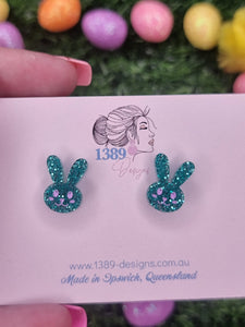 Regular GREEN GLITTER BUNNY FACE (hand-painted) Stud Earrings