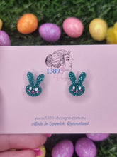 Load image into Gallery viewer, Regular GREEN GLITTER BUNNY FACE (hand-painted) Stud Earrings