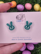 Load image into Gallery viewer, Regular GREEN GLITTER BUNNY FACE (hand-painted) Stud Earrings