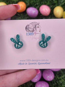 Regular GREEN GLITTER BUNNY FACE (hand-painted) Stud Earrings