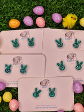 Load image into Gallery viewer, Regular GREEN GLITTER BUNNY FACE (hand-painted) Stud Earrings