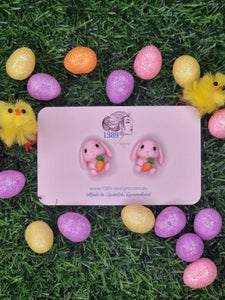 Large PINK BUNNY with CARROT Stud Earrings