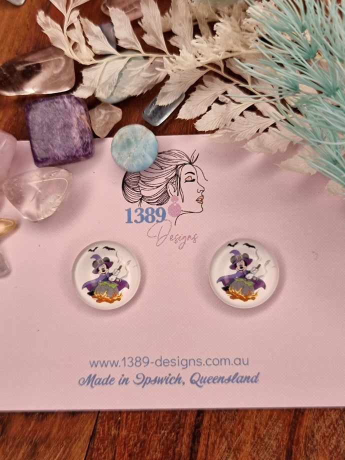 Regular MICKEY with CAULDRON Glass Dome Stud Earrings