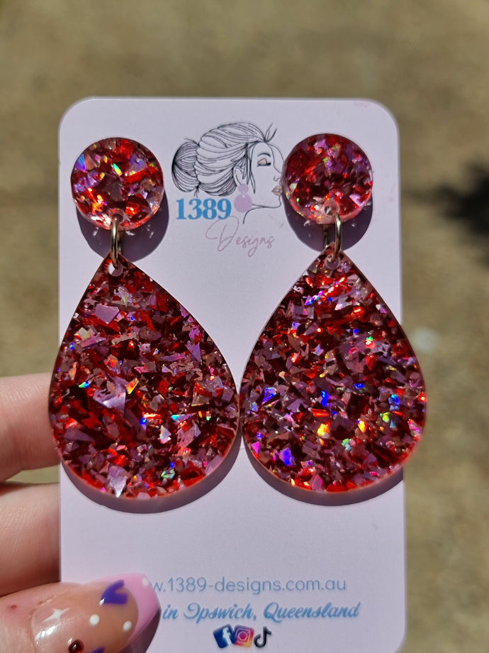 RED & PINK CHUNKY GLITTER Teardrop Dangle Earrings