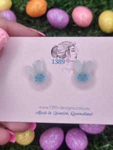 Regular SEA GLASS TRANSLUCENT BUNNY FACE (hand-painted) Stud Earrings