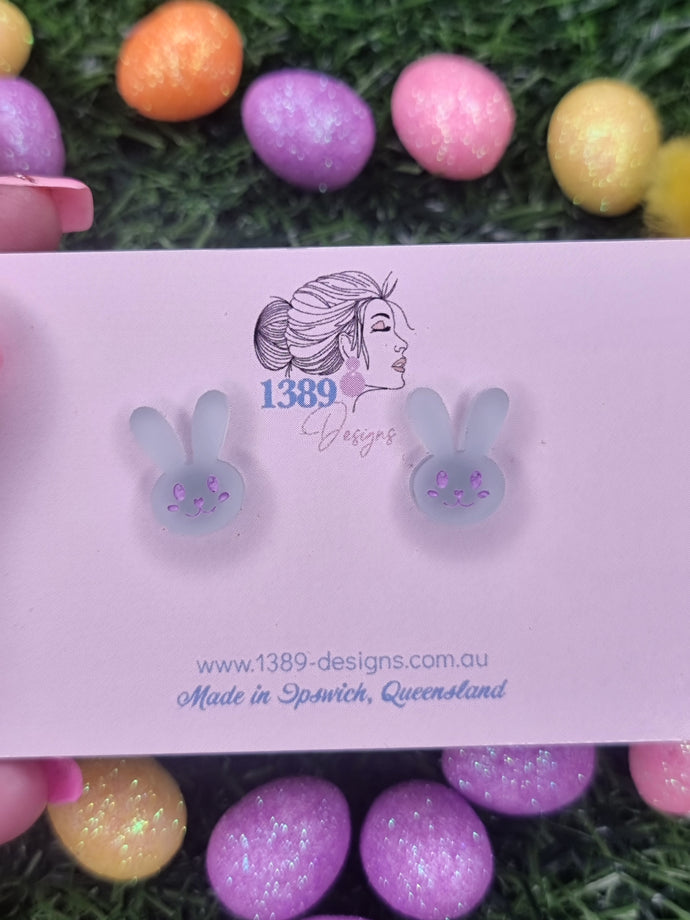 Regular SEA GLASS TRANSLUCENT BUNNY FACE (hand-painted) Stud Earrings