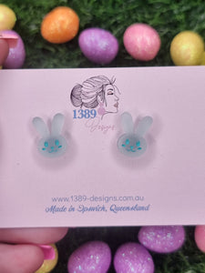 Regular SEA GLASS TRANSLUCENT BUNNY FACE (hand-painted) Stud Earrings